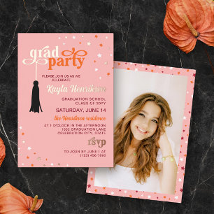 Tassel & Stars Pink Retro Script Grad Party Gold Foil Invitation
