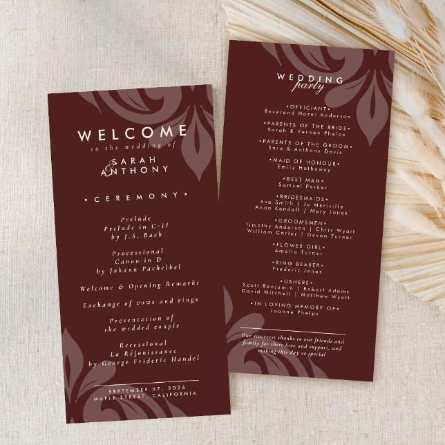 Tasteful Minimal Damask Mahogany Wedding Program (Creator Uploaded)