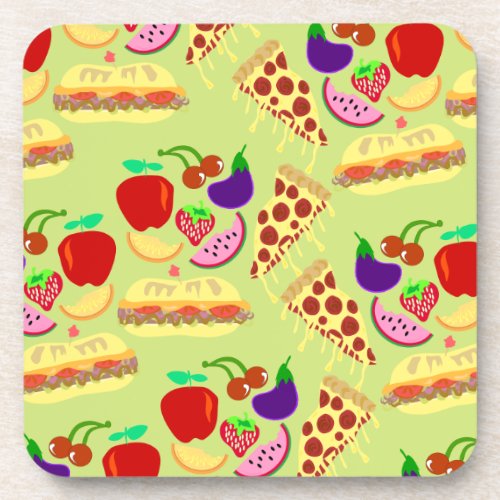 Tasty Cute Food Pattern Yellow Background Beverage Coaster