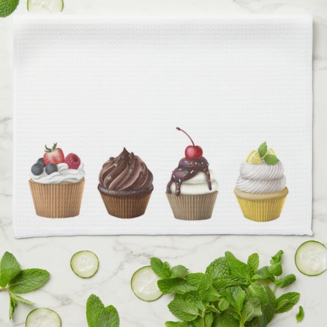 Tasty Muffins With Cream And Berries Kitchen Towel (Folded)