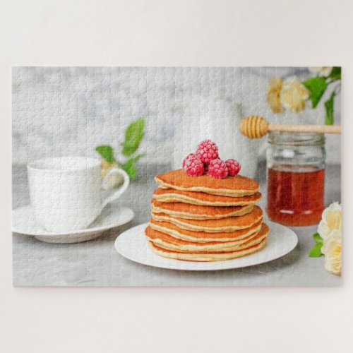 Tasty Pancake Stack Sweet Breakfast Berries Honey Jigsaw Puzzle