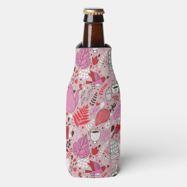 Tasty pattern with birds and flowers bottle cooler (Bottle Front)