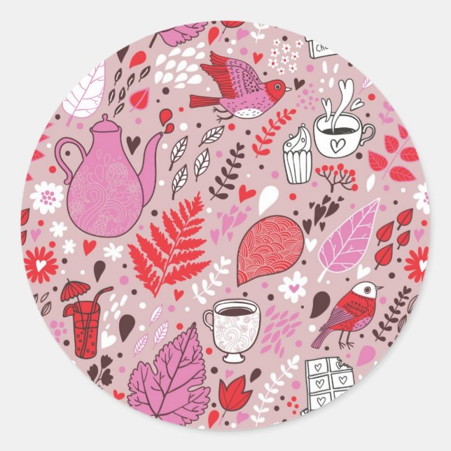 Tasty pattern with birds and flowers classic round sticker (Front)