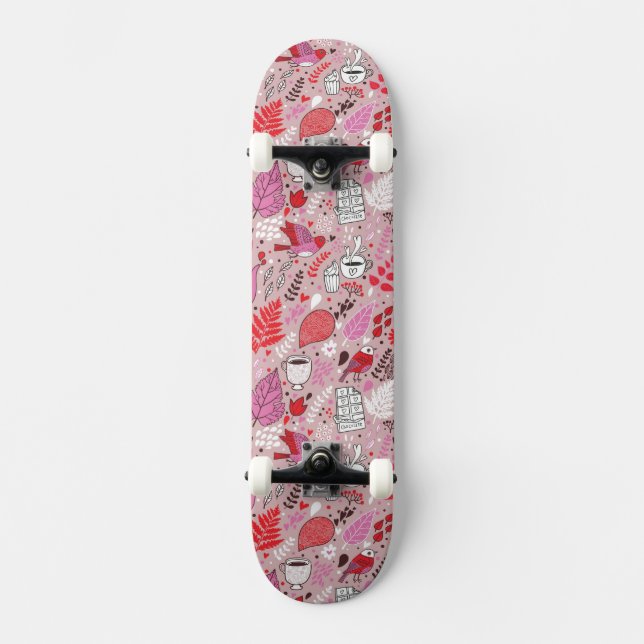 Tasty pattern with birds and flowers skateboard deck (Front)