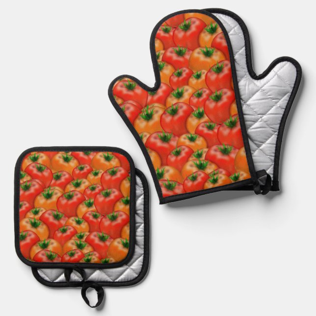 Tasty Red Tomatoes Pattern Food Theme Canning Oven Mitt & Pot Holder Set (Front/Back)