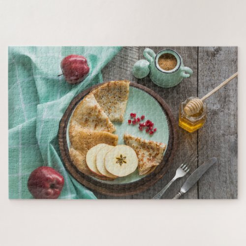 Tasty Rustic Breakfast Crepes Apples Honey Food Jigsaw Puzzle