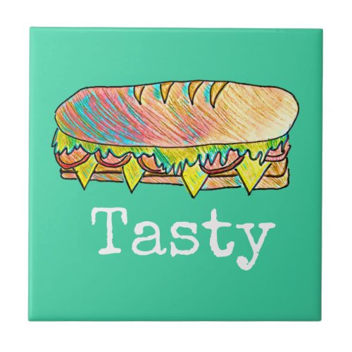 Tasty sub sandwich cute food art ceramic tile