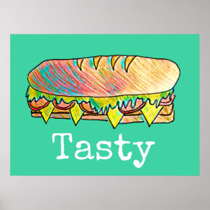 Tasty sub sandwich cute food art poster