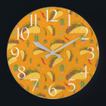 Tasty Tacos Chillies and Cactus Mexican Restaurant Large Clock<br><div class="desc">Trendy clock printed with a pattern of tasty tacos,  chillies and cacti on an orange background. Perfect for Mexican restaurants,  bars and kitchens</div>