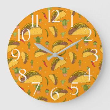Tasty Tacos Chillies And Cactus Mexican Restaurant Large Clock by ChefsAndFoodies at Zazzle