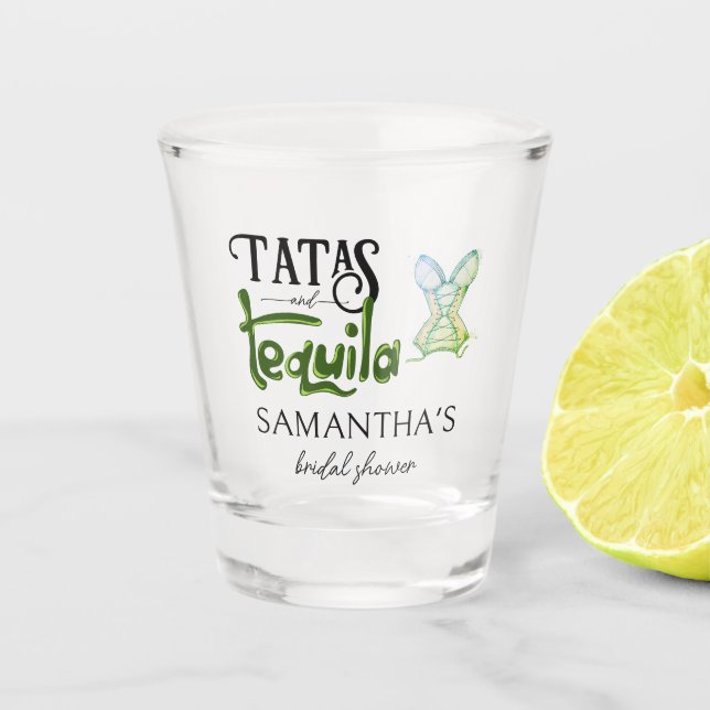 Tatas & Tequila Modern Bridal Shower Fiesta Party Shot Glass (Front)