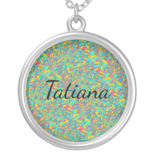 Tatiana name with opalescent pattern background silver plated necklace