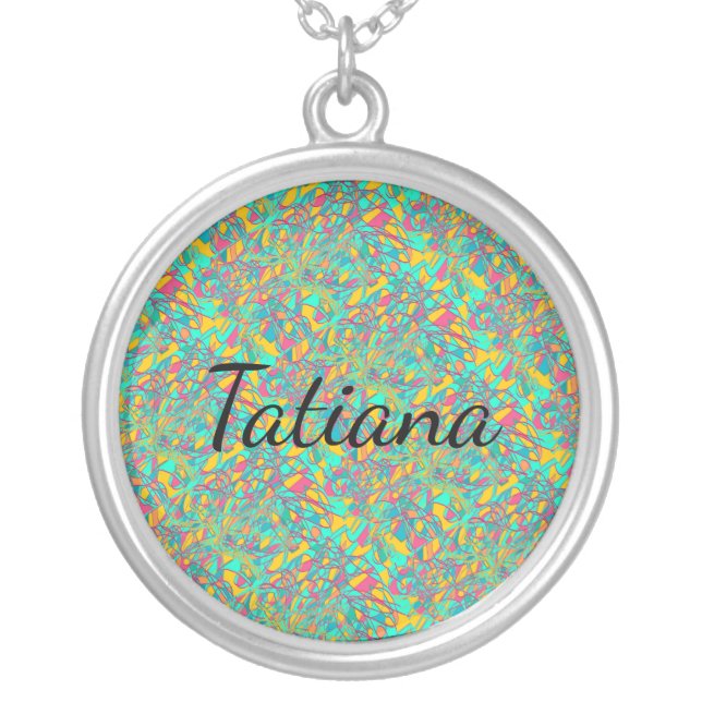 Tatiana name with opalescent pattern background silver plated necklace (Front)