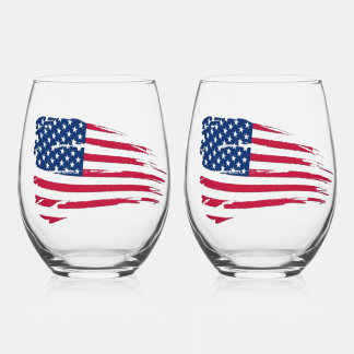 Tattered American Flag Stemless Wine Glass