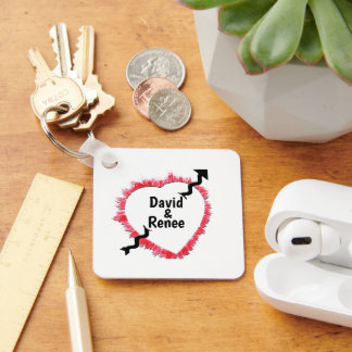 Tattered Red Heart Outline & Arrow Personalized Keychain