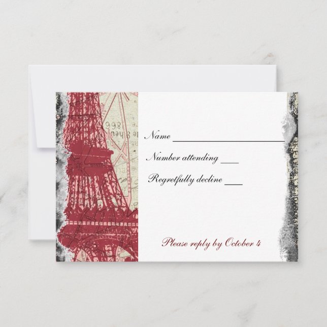 Tattered Red Paris Eiffel Tower rsvp with envelope Card (Front)