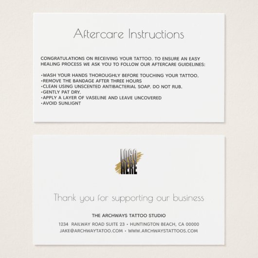 Tattoo Aftercare Advice Care with Logo (Front & Back)