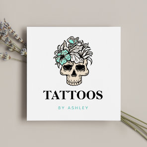 Tattoo Art Artist Floral Skull Gothic Skeleton  Square Business Card