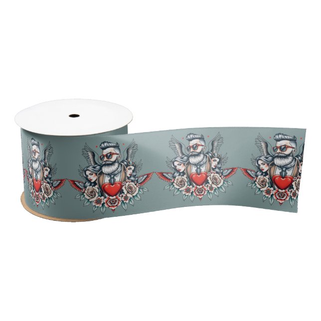Tattoo art Barber between women on blue background Satin Ribbon (Spool)