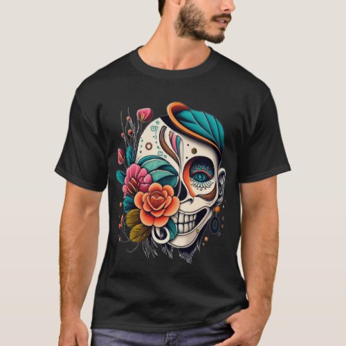 Tattoo Art Flower Skeleton  T_Shirt