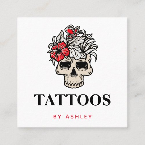 Tattoo Artist Add Your Social Media Floral Skull   Square Business Card
