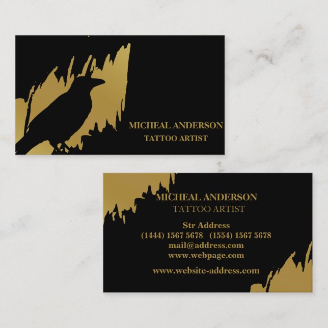 Tattoo Artist Black Crow Modern Gold Brush Stroke Business Card (Front/Back)