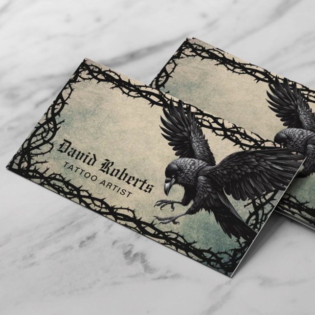 Tattoo Artist Black Crow Thorn Frame Grunge Business Card (Creator Uploaded)