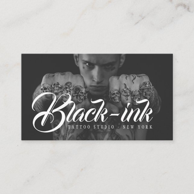 Tattoo artist black photo white script calligraphy business card (Front)