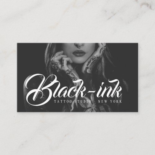 Tattoo artist black photo white script typography business card