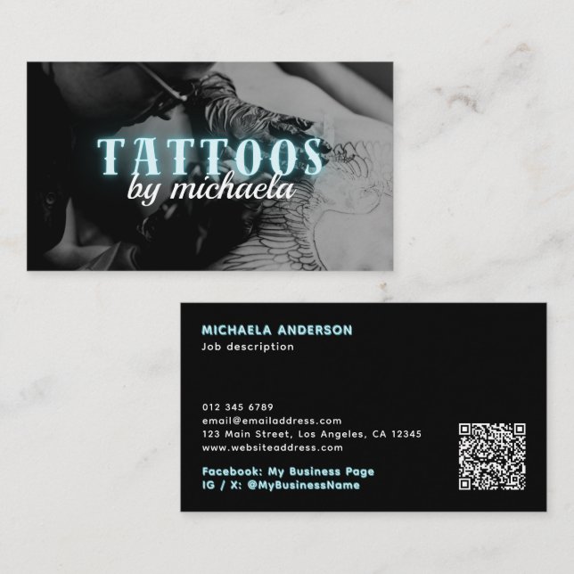 Tattoo Artist Custom Photo Blue Neon Business Card (Front/Back)
