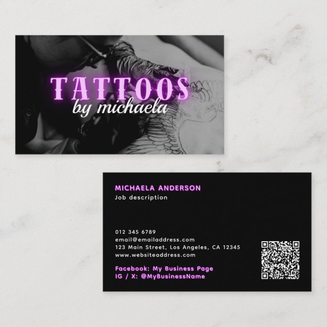 Tattoo Artist Custom Photo Purple Neon Business Card (Front/Back)