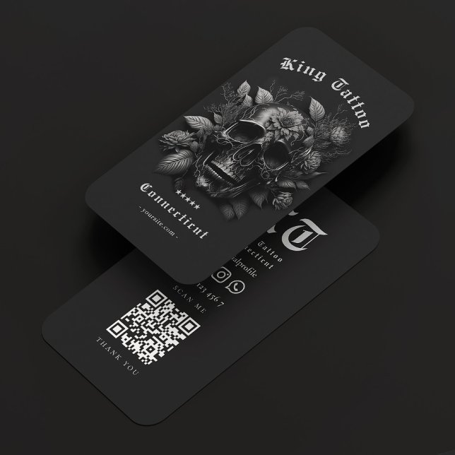Tattoo Artist Dark Grey Skull Floral Modern  Business Card (Tattoo Artist Dark Grey Skull Floral Modern Business Card
)