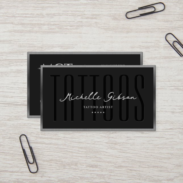 Tattoo Artist Elegant Black Silver Frame Tattooist Business Card (Front/Back In Situ)