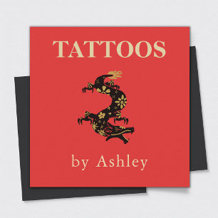 Tattoo Artist Floral Dragon Social Media Cool Red Square Business Card