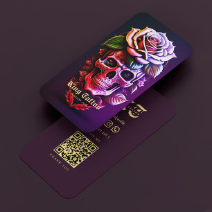 Tattoo Artist Floral Skull Black Purple Modern Business Card