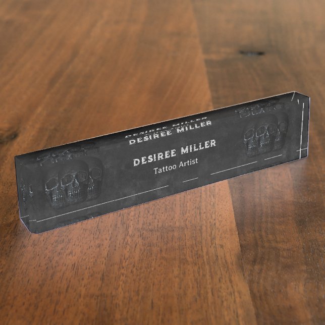 Tattoo Artist Goth Black Dark Academia Skulls Desk Name Plate (Side)