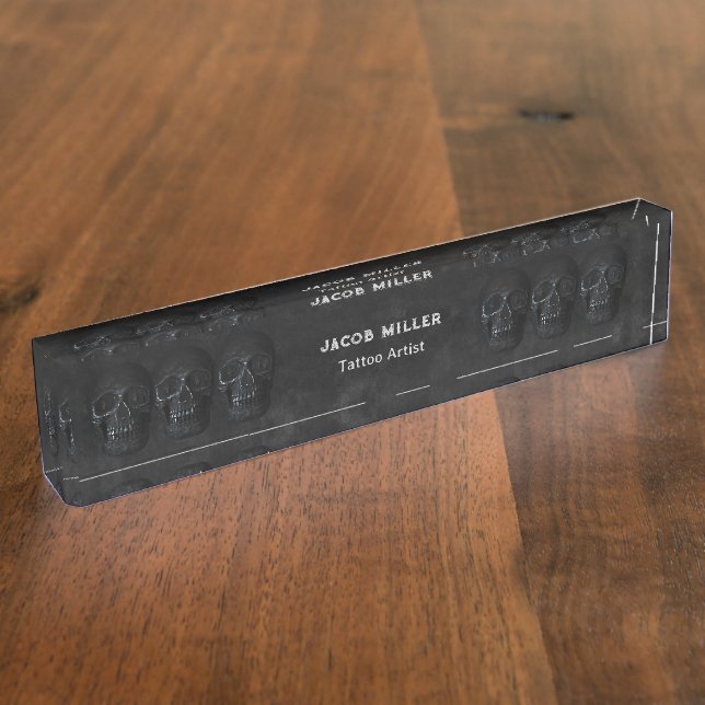Tattoo Artist Gothic Black Dark Academia Skull Desk Name Plate (Side)