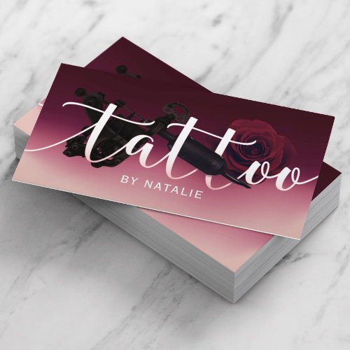 Tattoo Artist Gun  Flower Typography Burgundy Red Business Card