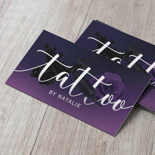 Tattoo Artist Gun  Flower Typography Deep Purple Business Card