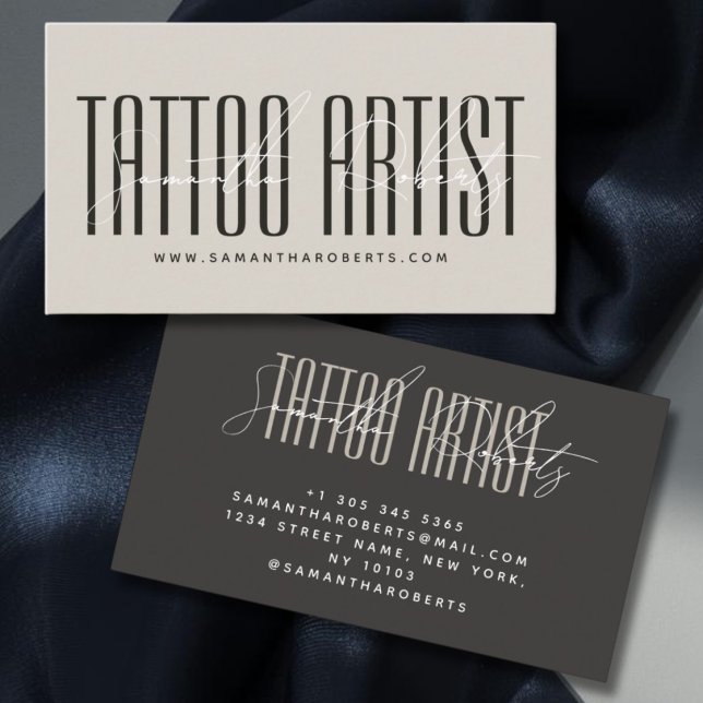 Tattoo artist modern typography script beige gray business card (Creator Uploaded)