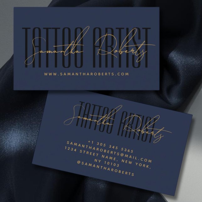 Tattoo artist modern typography script blue black business card (Creator Uploaded)