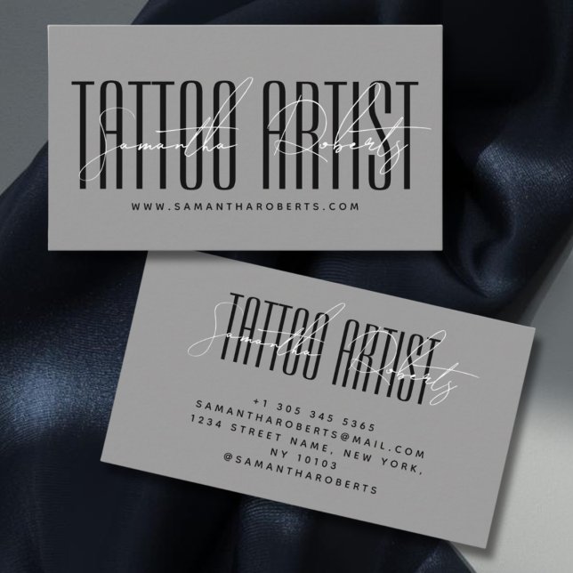 Tattoo artist modern typography script gray business card (Creator Uploaded)