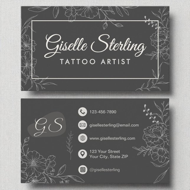 Tattoo Artist Moody Charcoal Gray Floral Modern Business Card (Creator Uploaded)