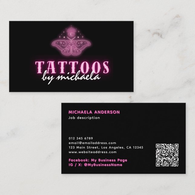 Tattoo Artist Neon Mystical Celestial Moth Business Card (Front/Back)