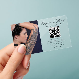 tattoo artist photo qr code black chic clear business cards