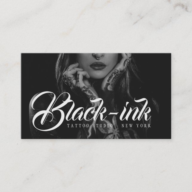 Tattoo artist photo script typography black kraft business card (Front)