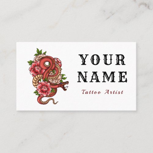 Tattoo Artist Salon Floral Red Snake Minimal Retro Business Card