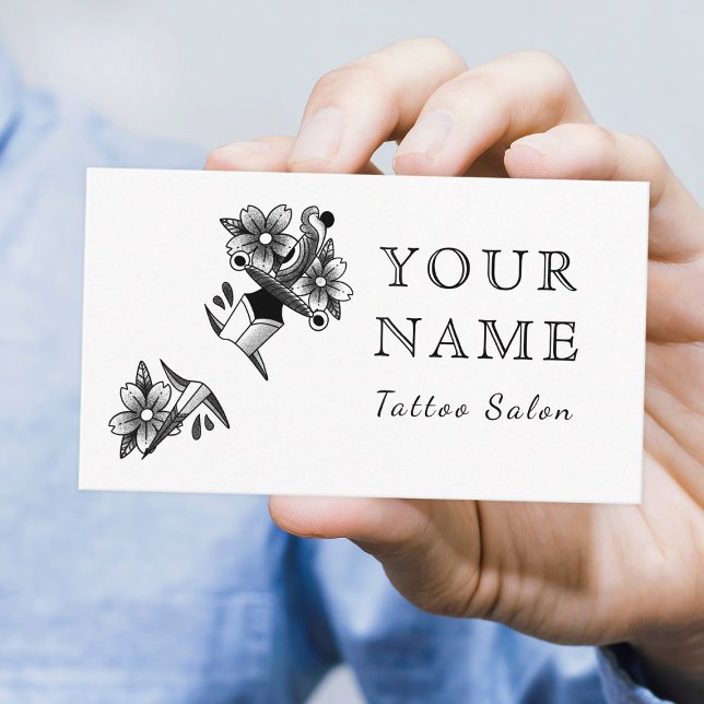 Tattoo Artist Salon Floral Sword Black White Plain Business Card (Creator Uploaded)