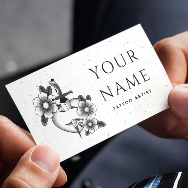 Tattoo Artist Salon Floral Sword Grungy Old Style Business Card (Creator Uploaded)
