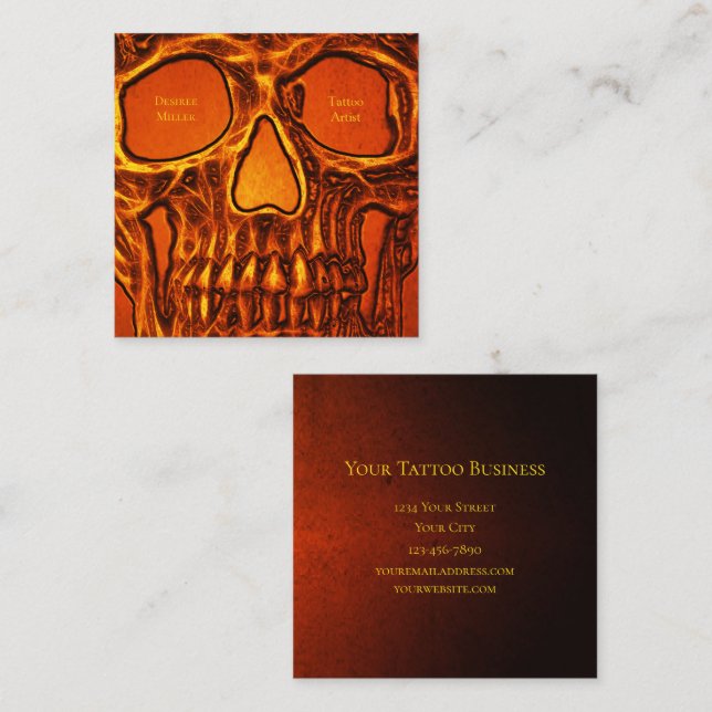 Tattoo Artist Skull Face Orange Black Gothic Square Business Card (Front/Back)